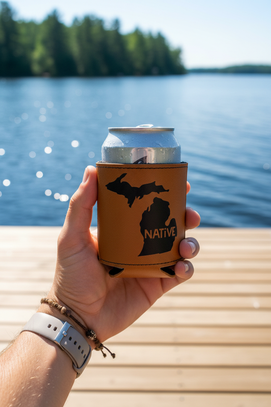 Michigan Native leatherette can cooler held by hand on Michigan lake dock with sparkling blue water and pine trees – Keeko Designs