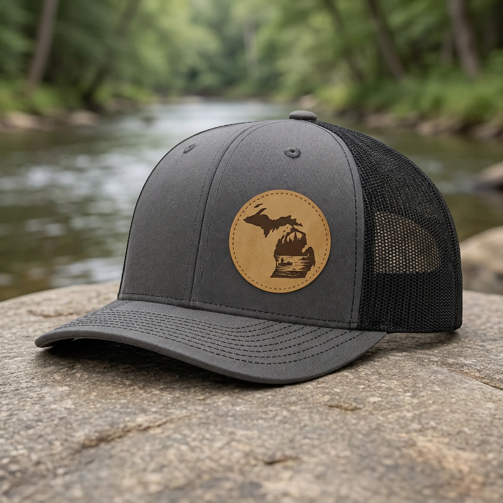 Charcoal trucker cap with tan circular fishing patch and front curved brim