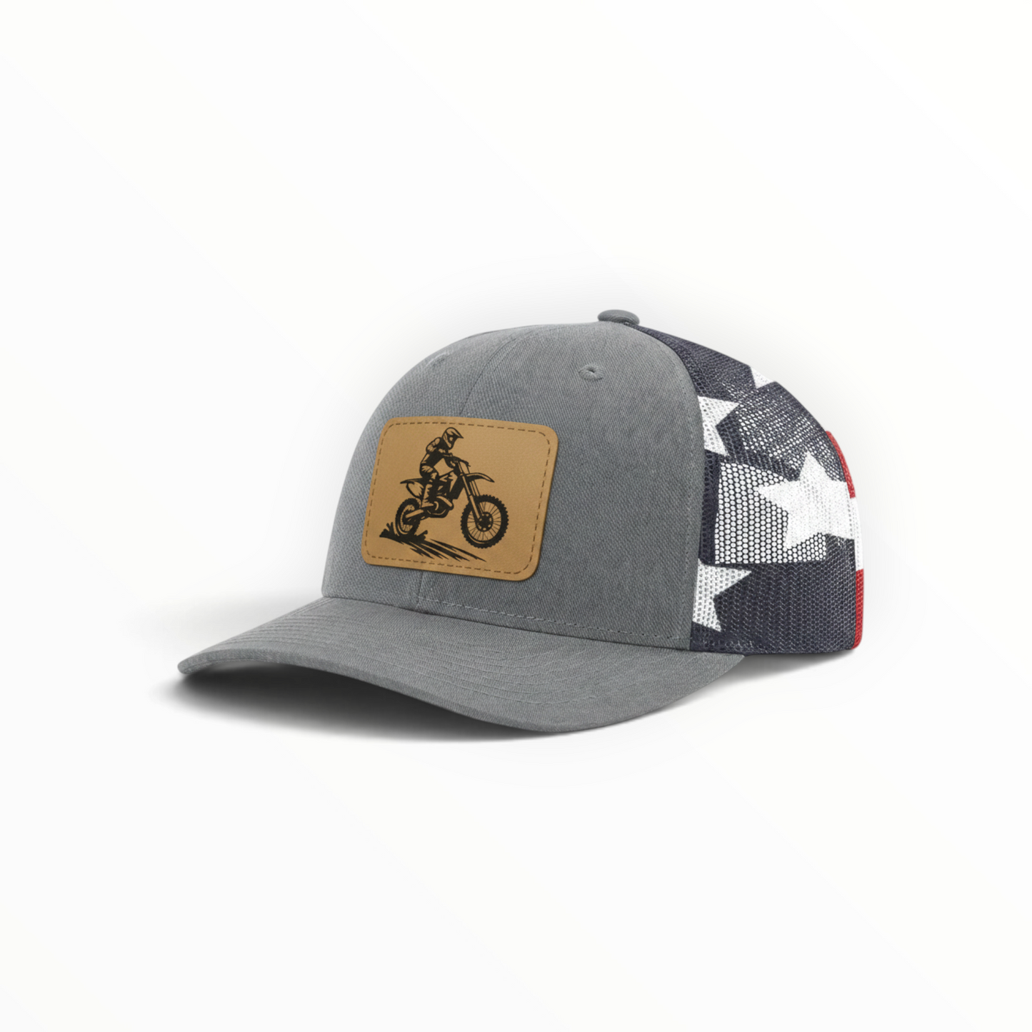 Gray trucker hat with dirt bike patch, dark mesh with white star print
