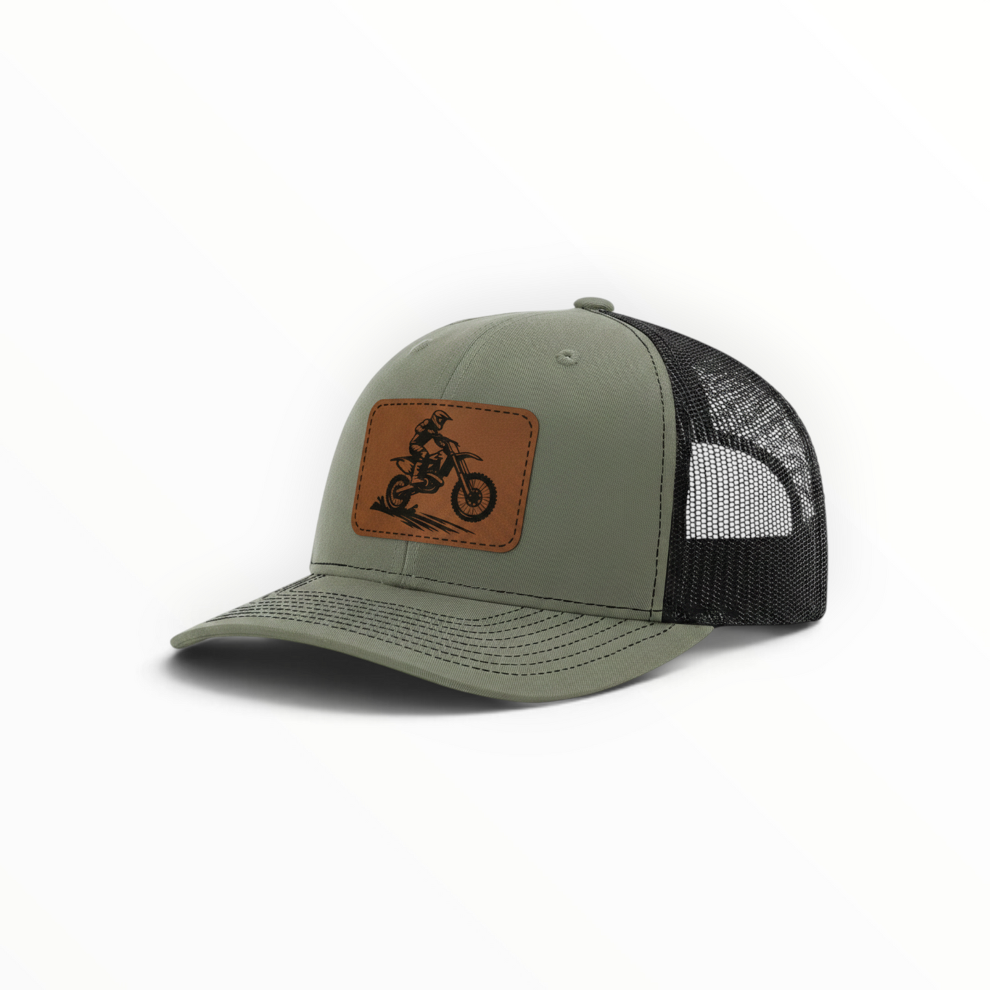 Sage green trucker hat with dirt bike patch, black mesh side panel