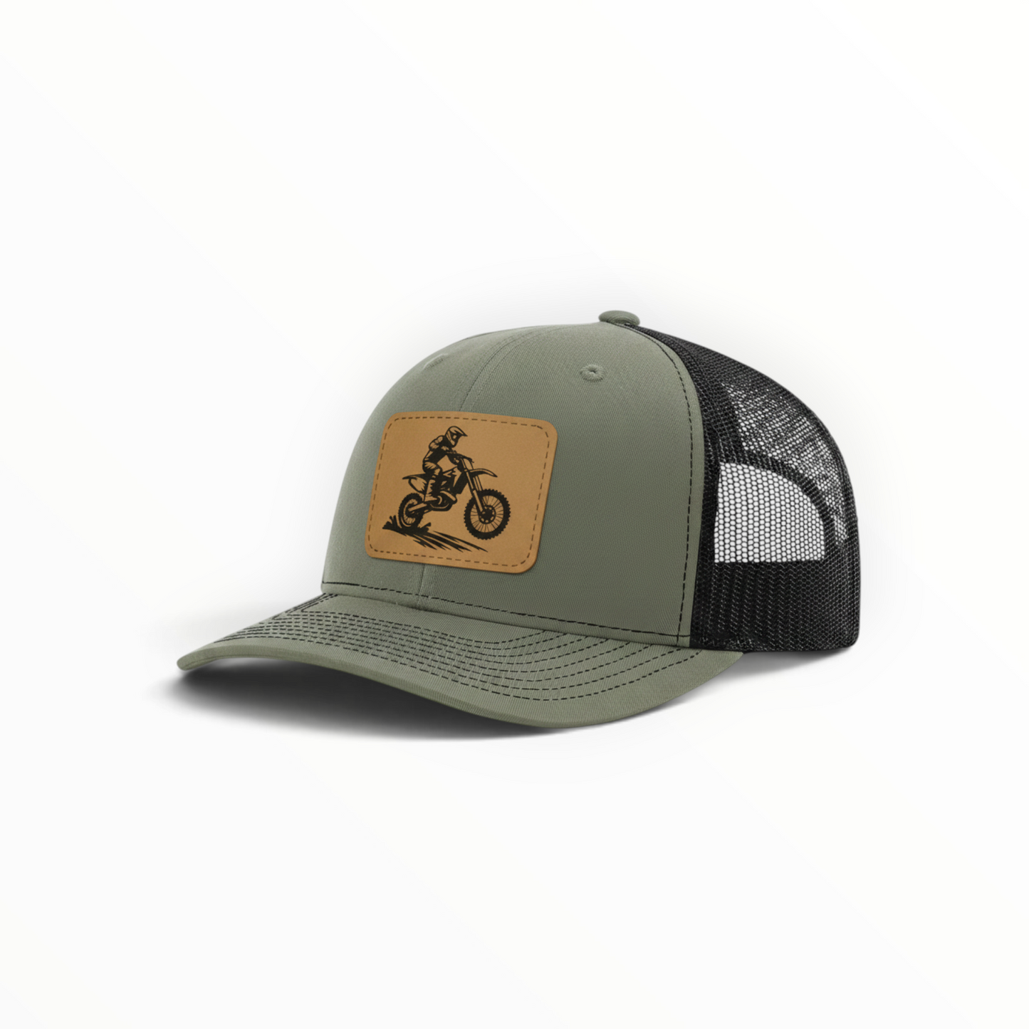 Sage green trucker hat with dirt bike patch, black mesh side panel