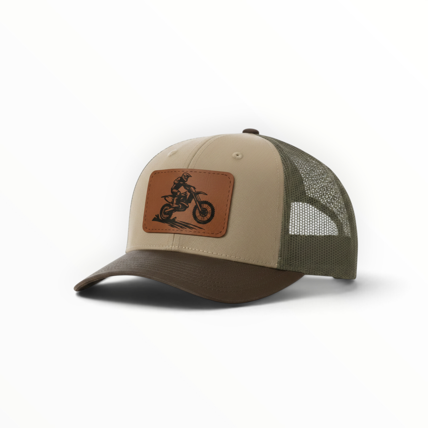Beige and dark green trucker hat, front dirt bike patch and mesh side panels.