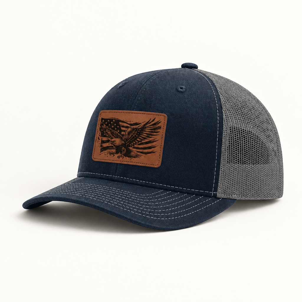 Navy trucker hat with eagle American flag patch and grey mesh side panels