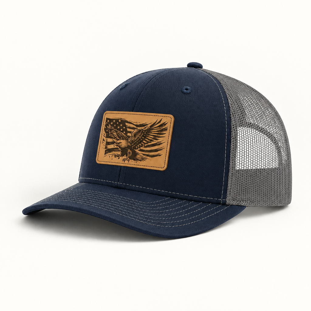 Navy trucker hat with eagle American flag patch and grey mesh side panels