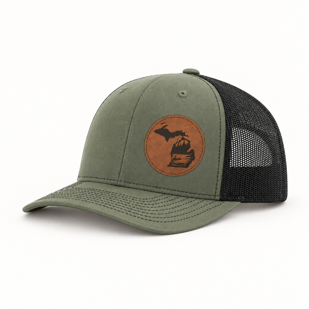 Olive trucker hat with tan fishing patch and black mesh side panels
