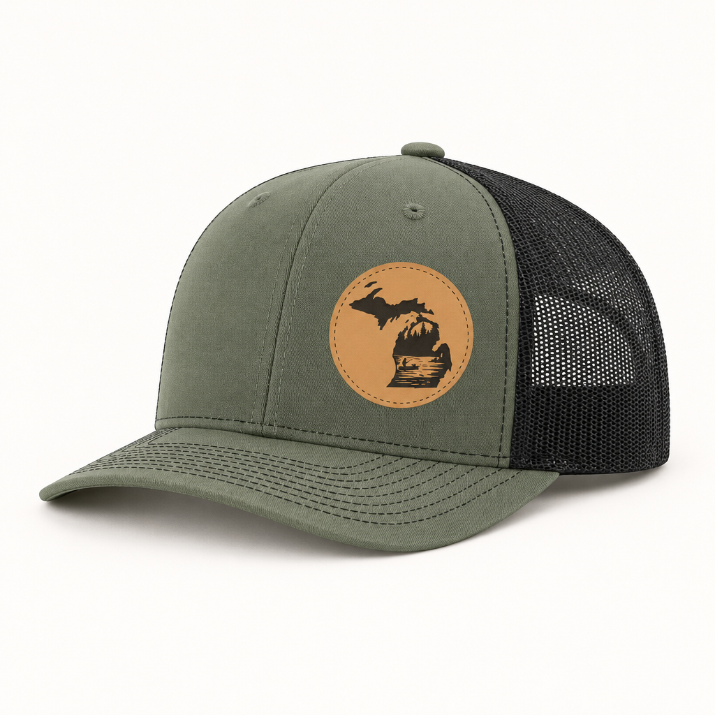 Olive-green trucker hat with tan fishing patch and black mesh side panels