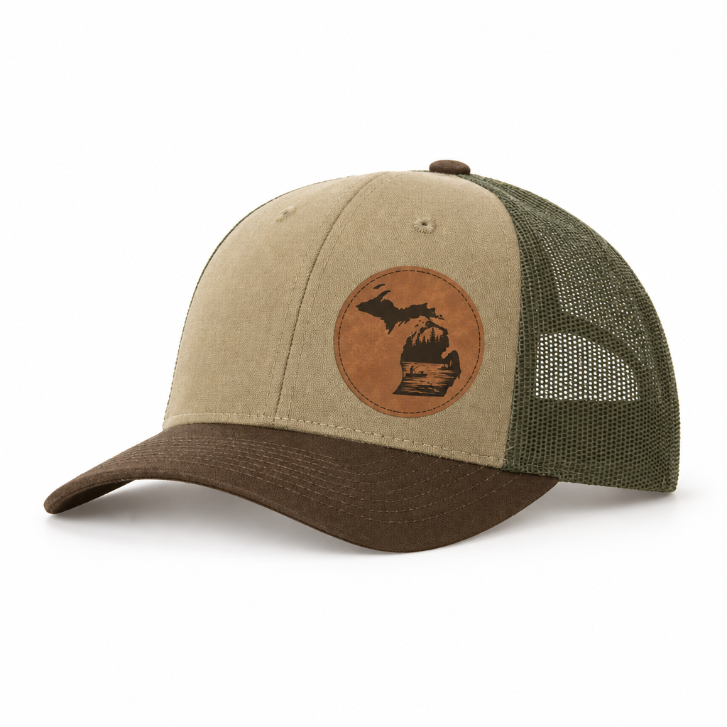 Tan trucker hat with tan fishing patch, dark green mesh back, curved brown brim