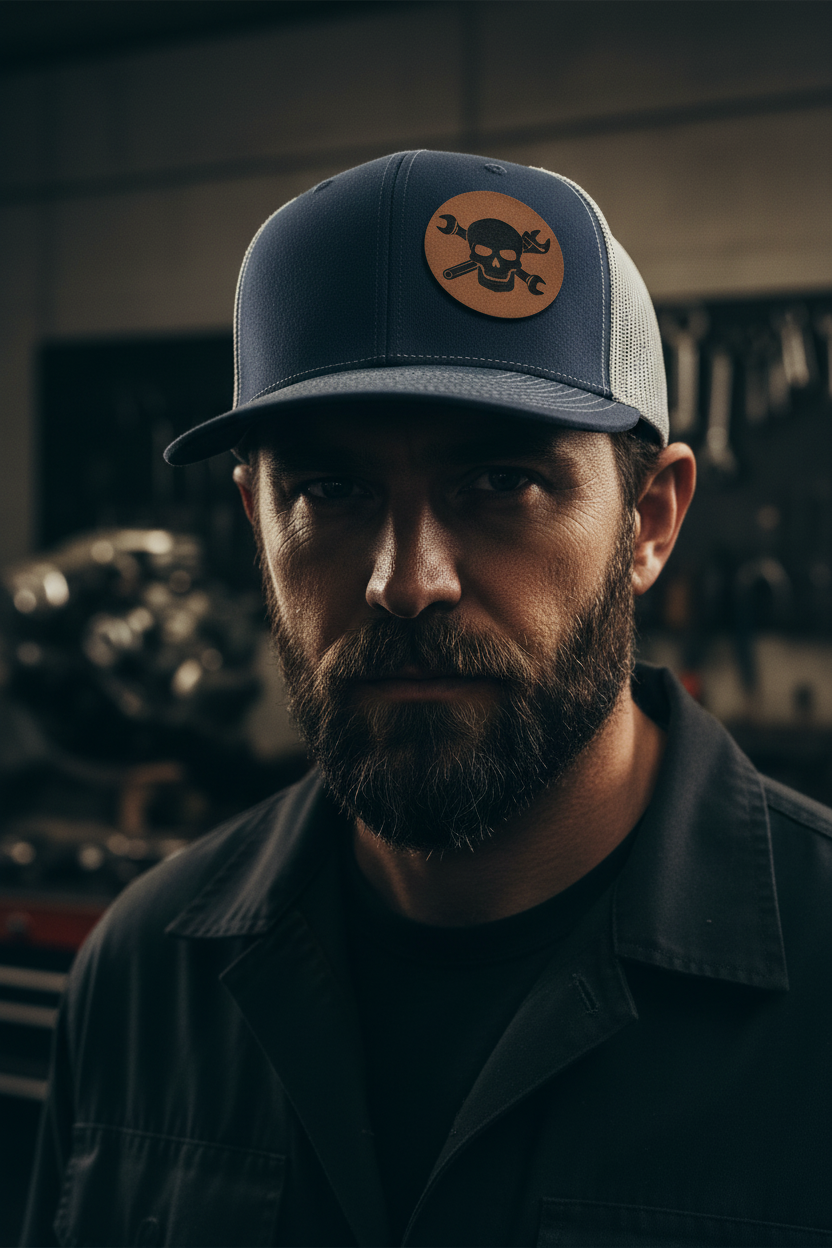 Navy-and-white trucker hat with round skull mechanic patch and curved brim