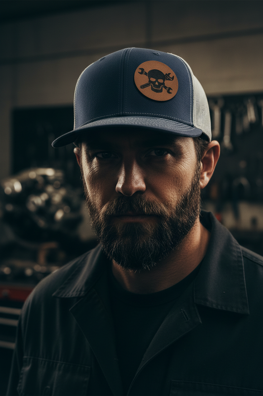 Skull Mechanic Trucker Hat - Model Shot