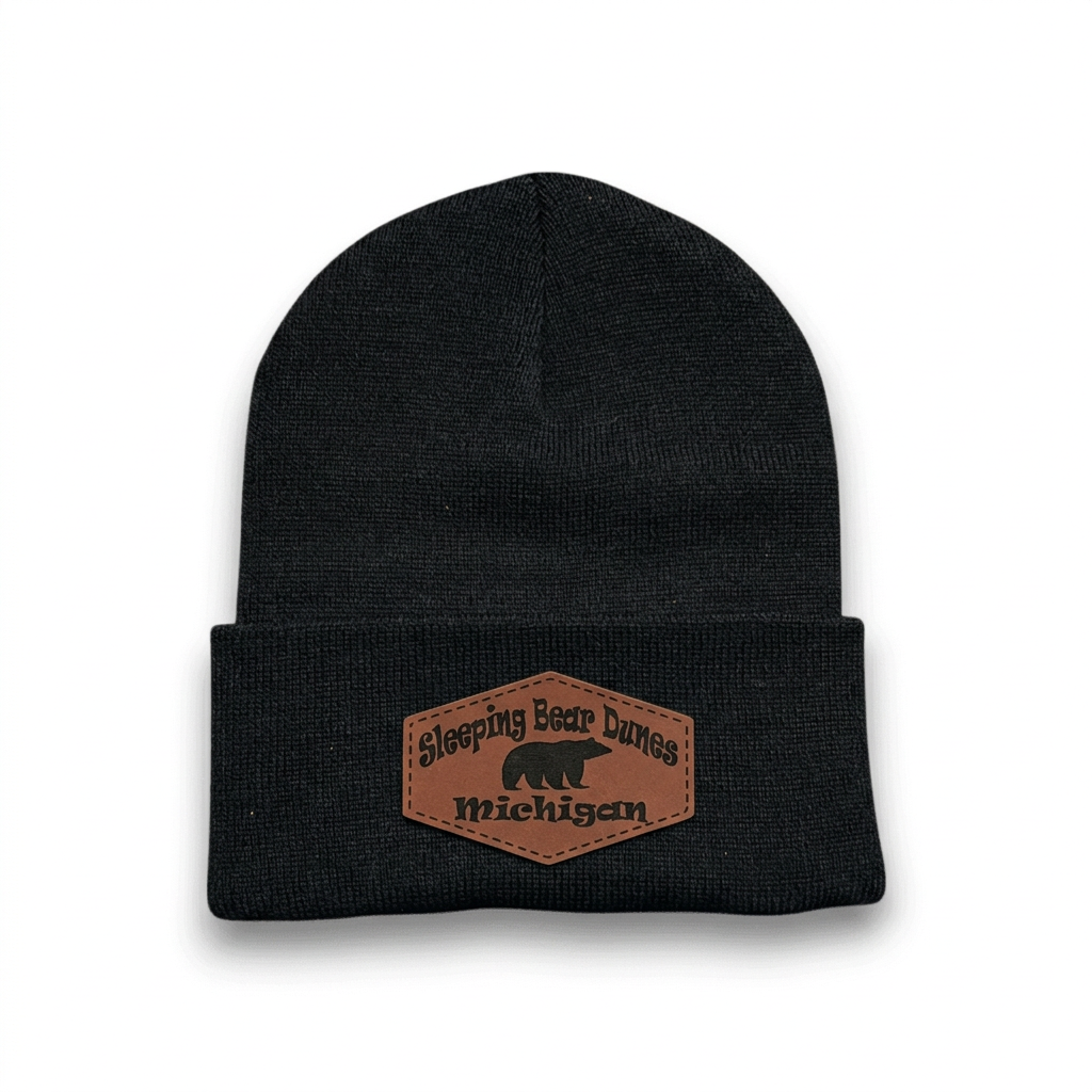 Black knit beanie with Sleeping Bear Dunes Michigan logo patch