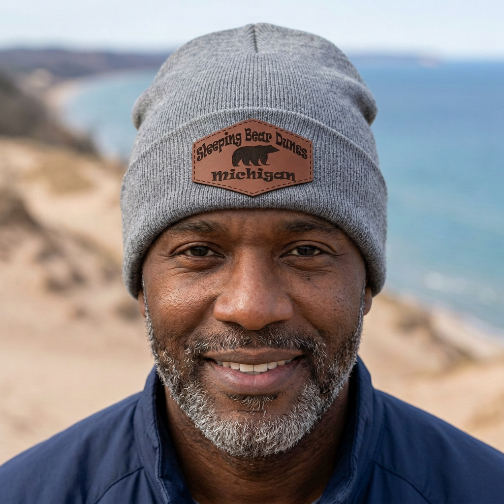 Heather grey knit beanie with Sleeping Bear Dunes Michigan logo patch, worn