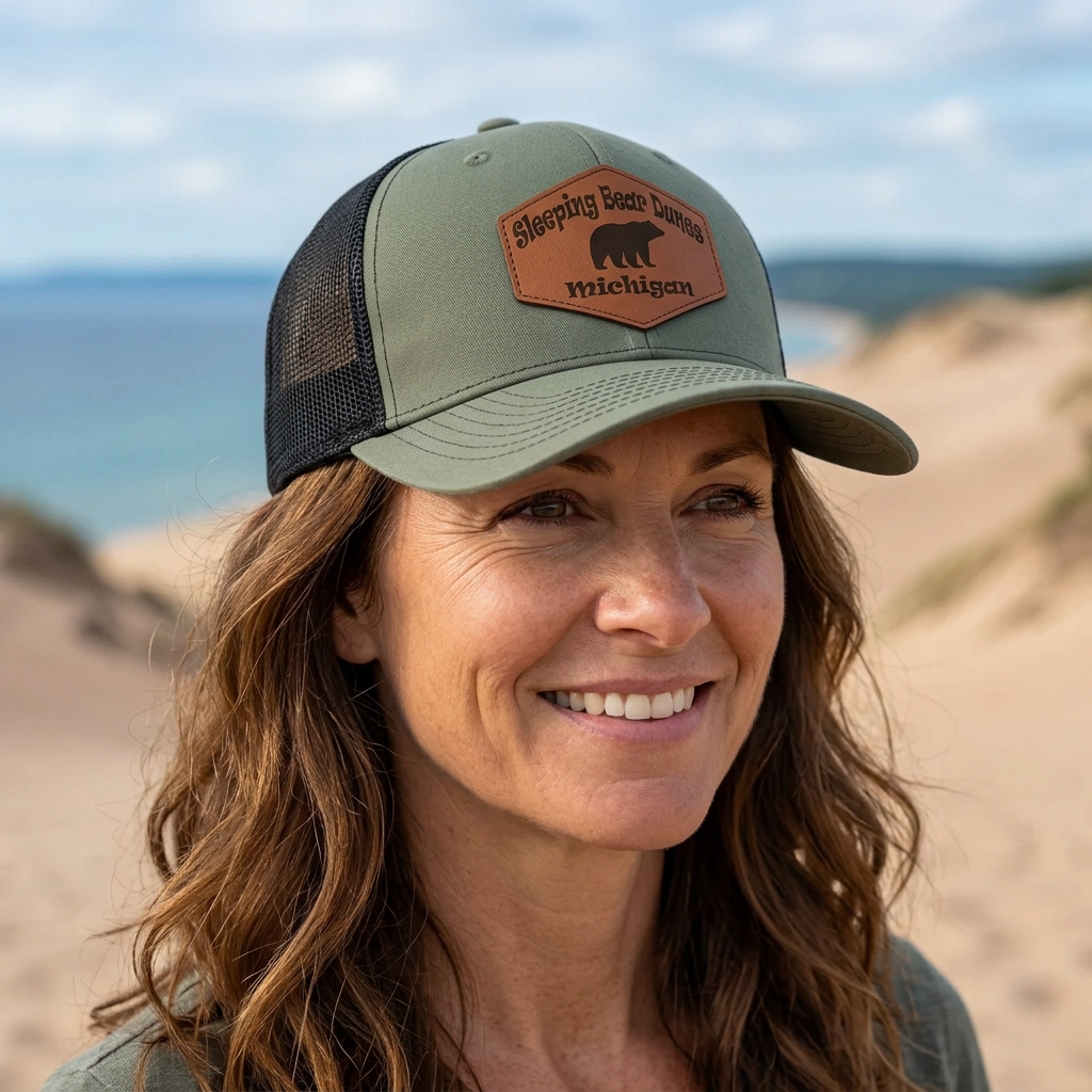 Green trucker hat worn by model, Sleeping Bear Dunes Michigan patch on front