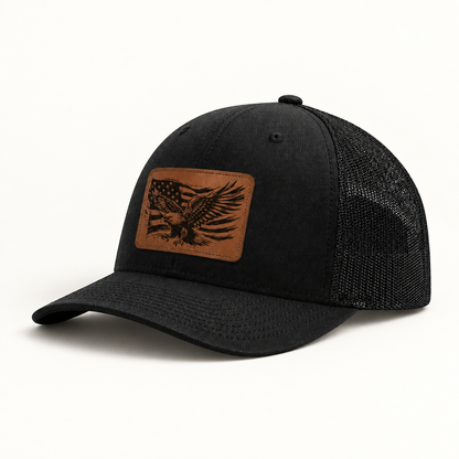 Black trucker hat with eagle American flag patch and black mesh side panels