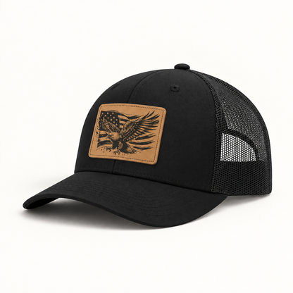 Black mesh trucker hat with American flag eagle patch, curved brim