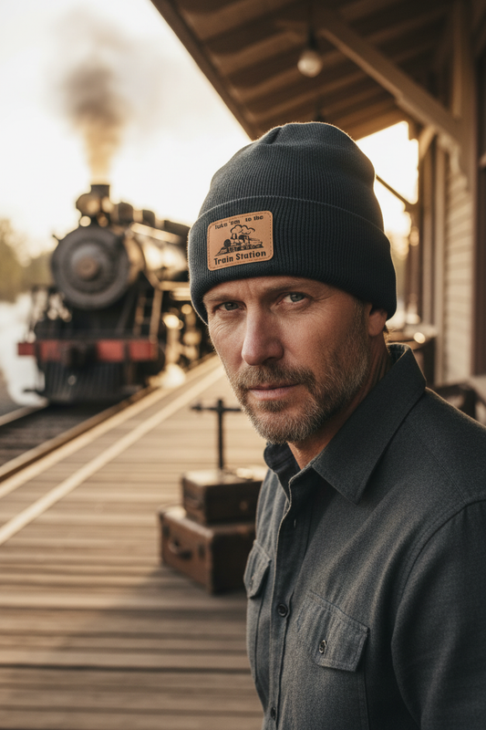 Take 'em to the Train Station leatherette patch beanie worn by model outdoors in western ranch style setting – Keeko Designs