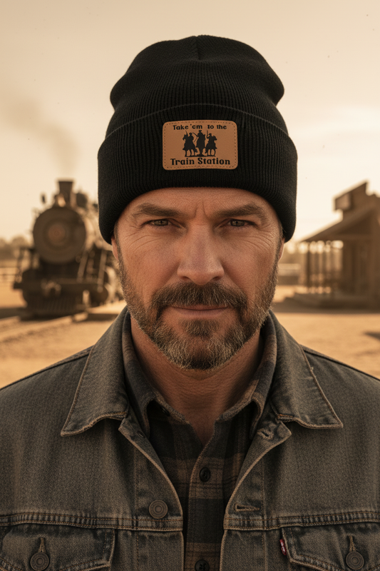 Take 'em to the Train Station Cowboy leatherette patch beanie worn by model outdoors in ranch cowboy setting – Keeko Designs
