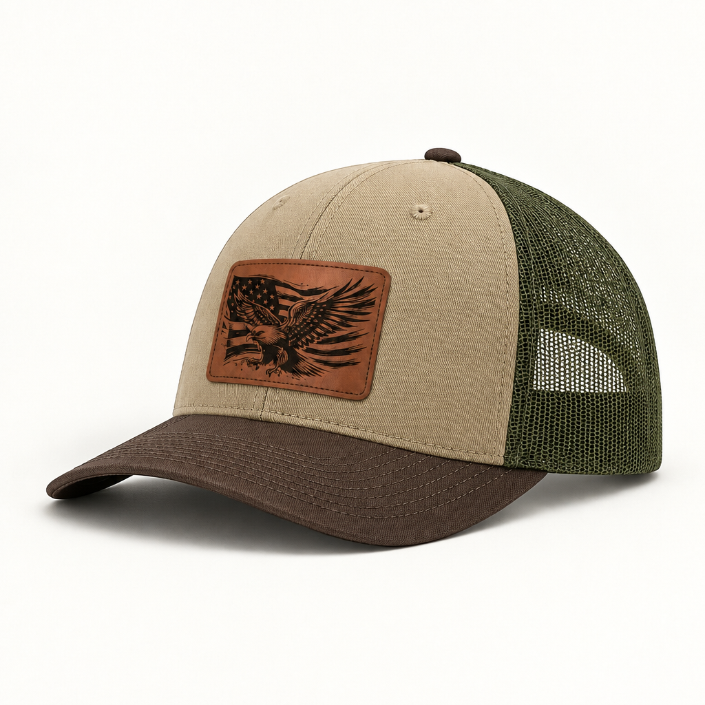 Beige trucker hat with eagle American flag patch and green mesh side panels