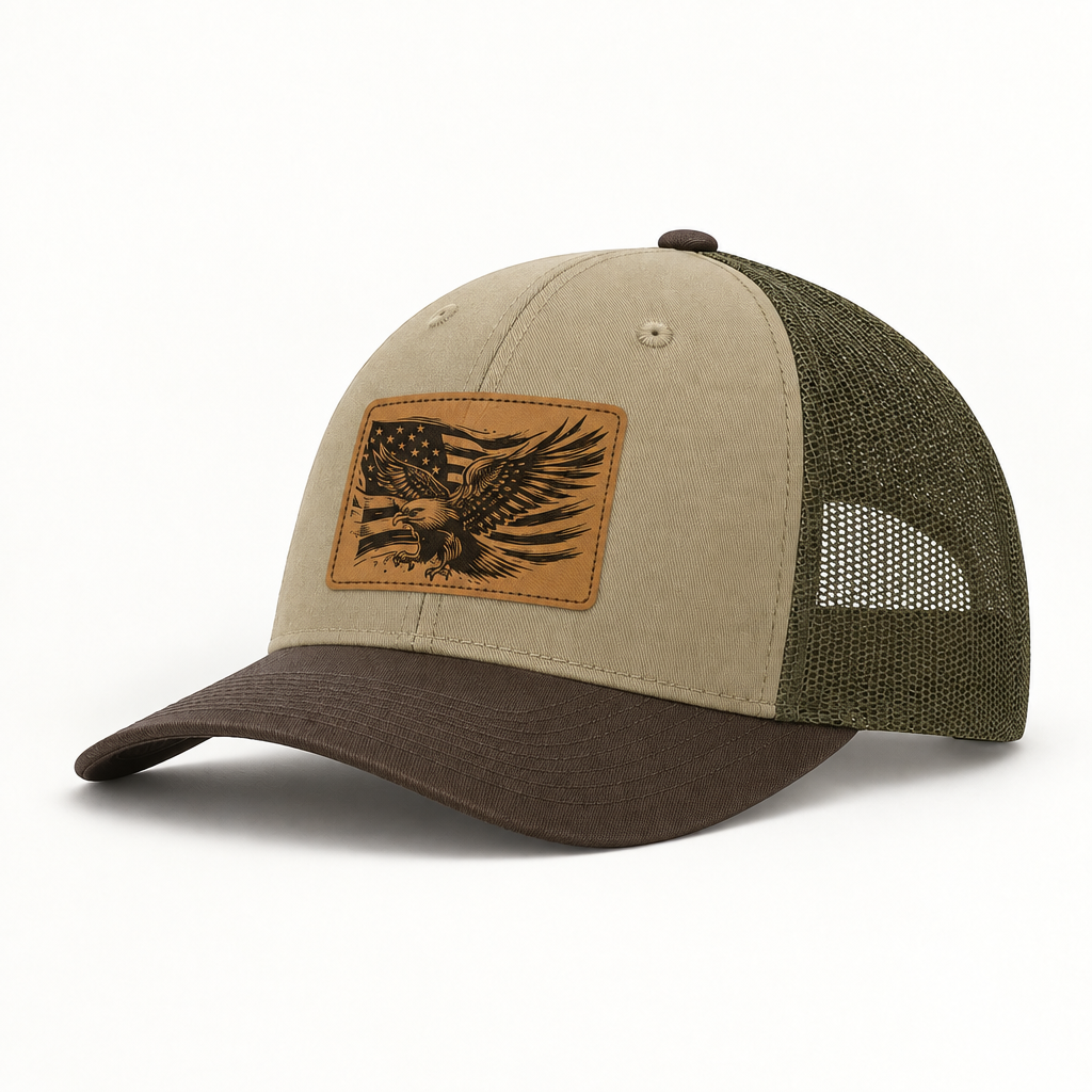 Tan and dark-brown mesh trucker hat with American flag eagle patch, curved brim