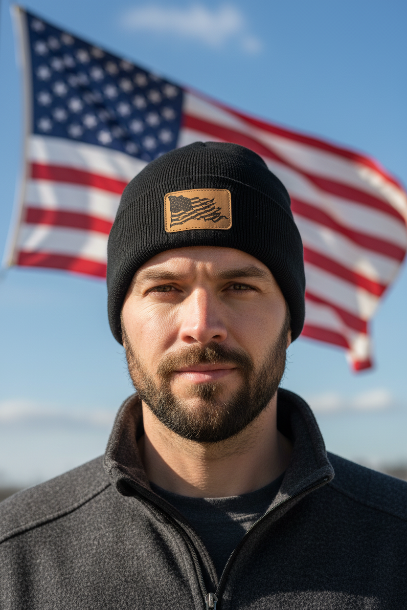Black knit beanie with tan patch featuring wavy American flag design
