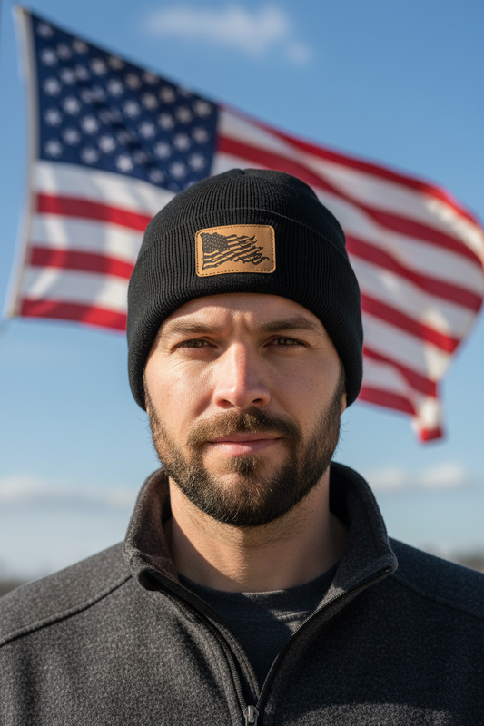 Wavy American Flag leatherette patch beanie worn by model outdoors with patriotic summer backdrop – Keeko Designs