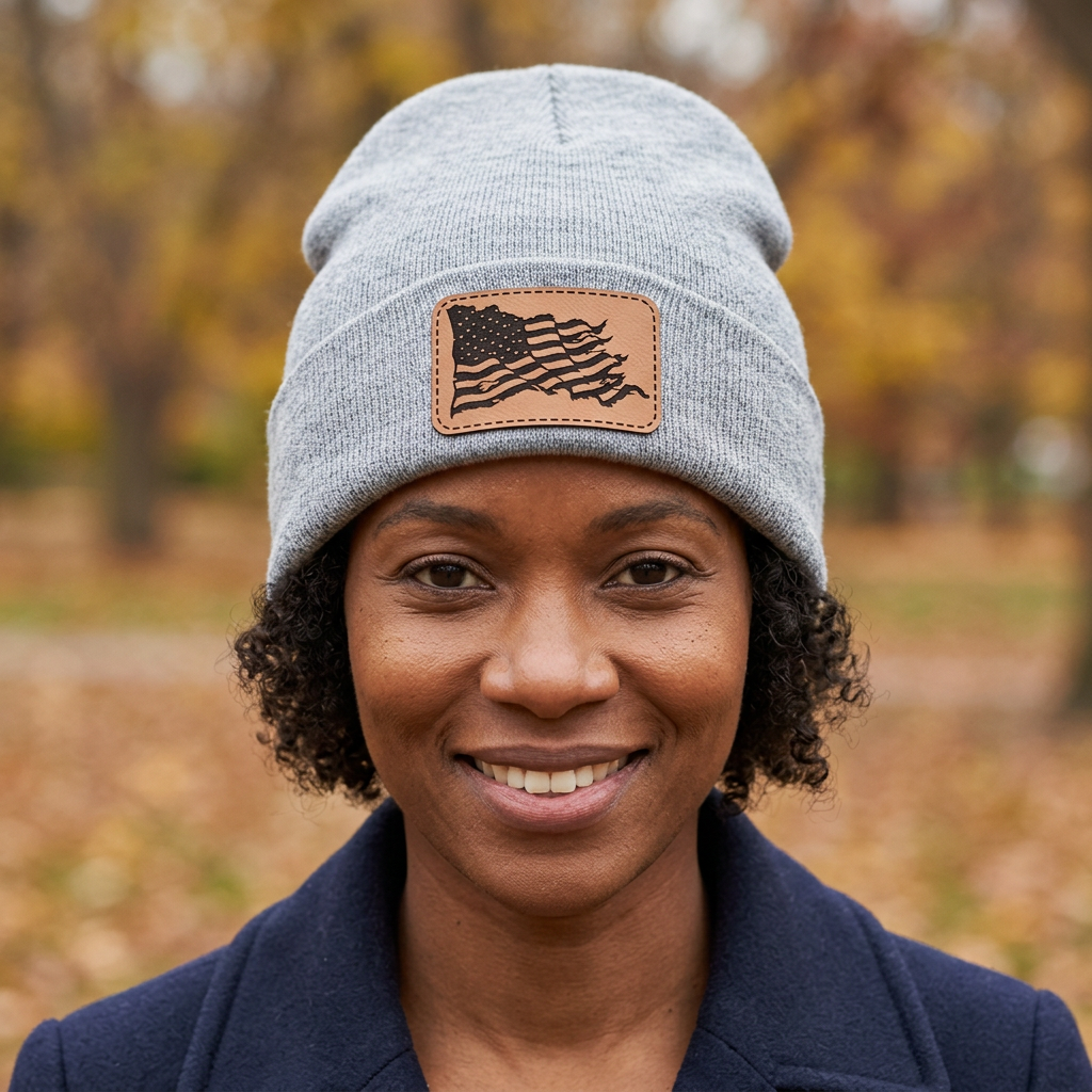 Heather grey knit beanie with wavy American flag patch on front
